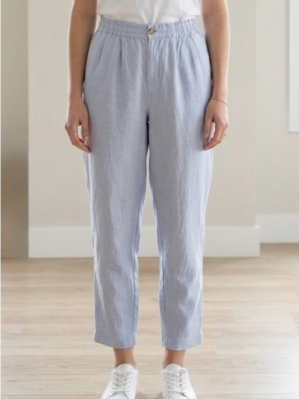 Madewell Light Blue Linen Viscose High Rise Tapered Crop Pant L EUC Side Pockets